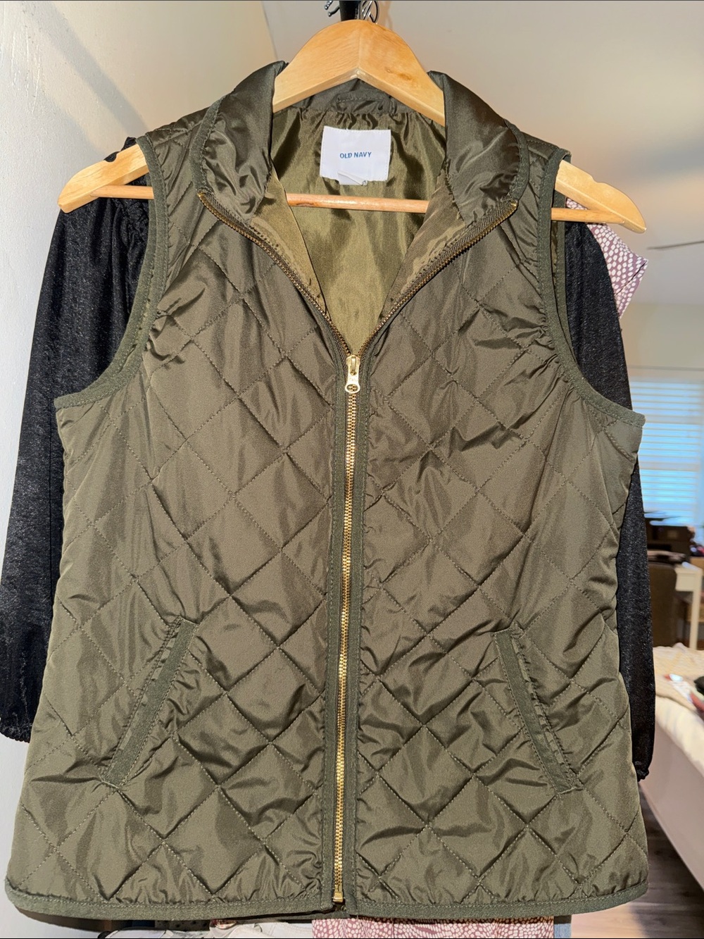 Old Navy Quilted Olive Puffer Vest with Gold Zipper